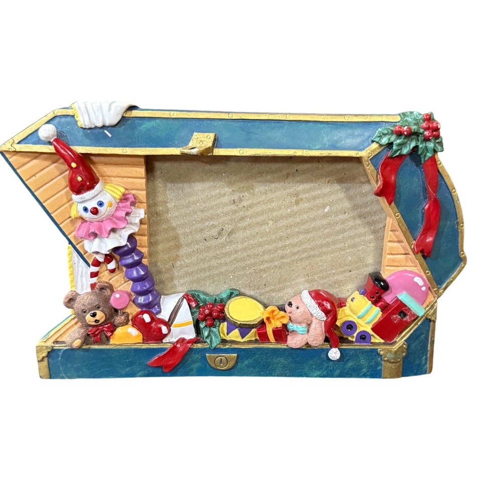 Christmas Toy Chest Picture Frame 3D Sculpted Resin Holiday Decor Clown Bear